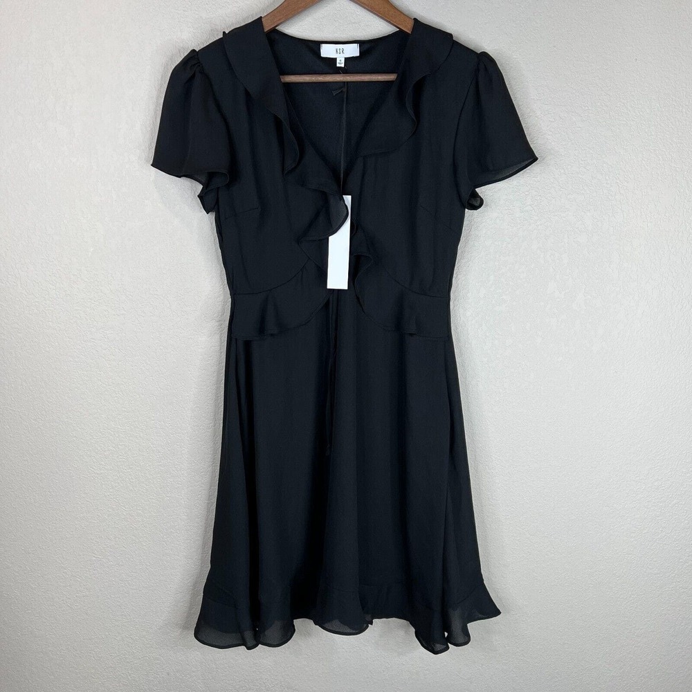NSR Cheri Dress Size Small Black Short Sleeve Ruffle Trim Chiffon V Neck USA NWT